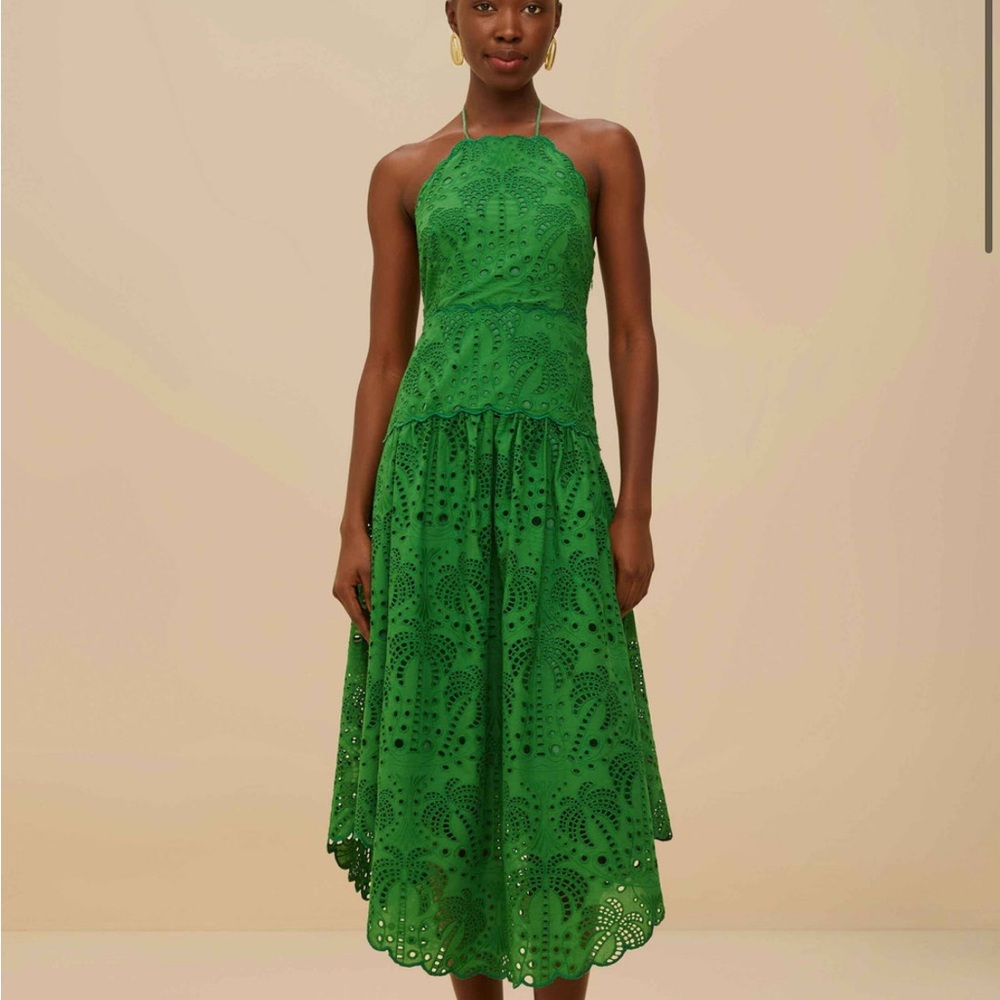 NWT Farm Rio Green Palm Tree Eyelet Halter Neck Midi Dress